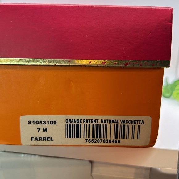 Kate Spade Orange/ Tan Ferrel Vachetta Ankle Strap Sandal Wedges -size 7 - Picture 9 of 10